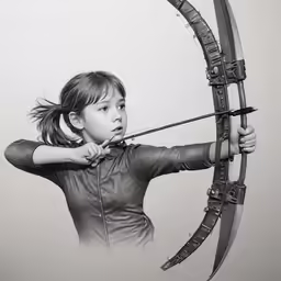 a girl holding a large bow and aiming a arrow