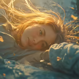 a woman lying in the snow on a blanket with her eyes closed