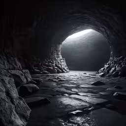 black and white photograph of light at entrance to cave