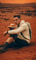 young man sitting on sand holding bowl of food