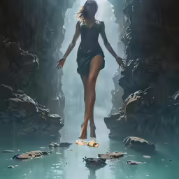 a girl in a dark dress is walking through a cave