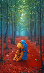 a person kneeling down in a red area with trees and grass