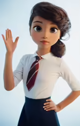a young woman dressed in an office uniform holding her hand out
