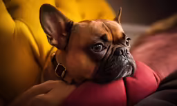 a brown dog is sitting in a chair with red cushions