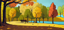 a painting of an autumn scene with trees and a bench,a park bench with fall trees in the background