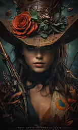 the young girl with a hat and gun, wearing flowers on her hair