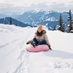 a woman sitting on a snow filled hill next to a pink tub
