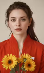 there is a young woman holding flowers in her hand