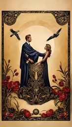 a painting of two people, one wearing a robe, one a gown, the other a caped gown, with a bird flying overhead