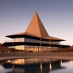 there is a very large building with a pyramid shaped structure
