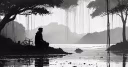 a person sitting in a forest next to a lake under some tree branches,black and white image of a boy with an umbrella at the water