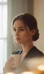 a beautiful young lady with a ponytail holding a cup of coffee