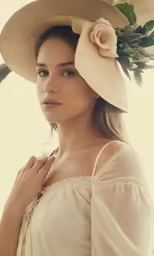 woman in white dress and straw hat with flower on the brimmed top