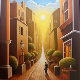 an oil painting of a man standing in the middle of the street with trees and shrubs,a man is standing alone in the middle of a road,a painting of a person walking on a paved road,a painting of a man standing in front of a sunset,painting of boy walking through a alley leading to the light of the setting sun