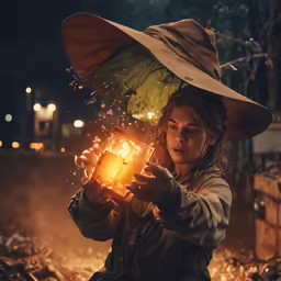 a girl in a cowboy hat holding a lighted lantern