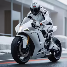 a person in white riding on the back of a silver motorcycle