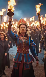 a woman in a costume with fire coming from her hands