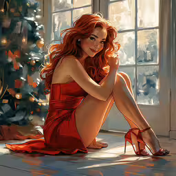 an attractive red - haired woman poses with her feet crossed,a woman is sitting on the floor next to a christmas tree