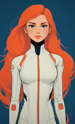 a girl in a white suit and orange hair