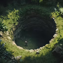 a large, mossy pond surrounded by lots of plants and rocks
