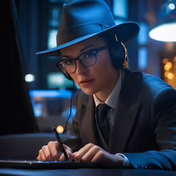 a woman wearing glasses and a hat is typing on her lap