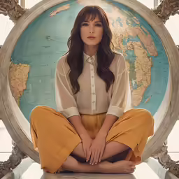 a woman with long hair and wearing a brown shirt is sitting on a table next to a blue globe