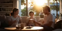 there is a small child and a man sitting on the couch