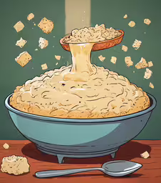 the cover of a book with a pie and a spoon in it,a bowl of food and spoon on a table