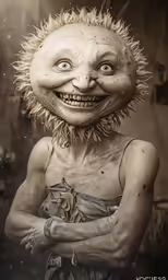 an altered portrait of a strange looking troll with big eyes and no head