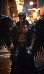 the man is posing with his huge wing on