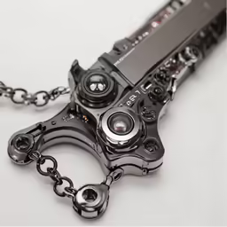 a small camera being held up in chains