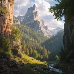 a mountain landscape is shown with trees in the background