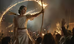 a woman holding a stick and wearing an outfit