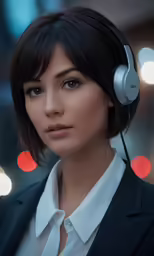 the model wears headphones for a editorial - like look