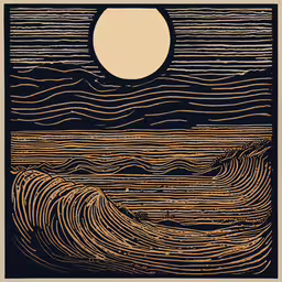 an artistic woodcut depicting the ocean at night,the moon is above the waves as the water comes towards shore