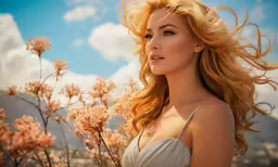 a blonde lady is posing in some flowers