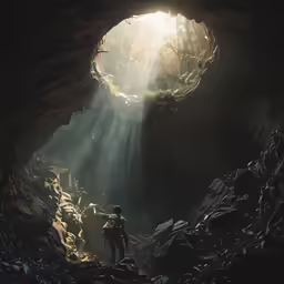 light is entering from a cave with a man walking out