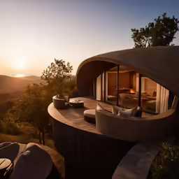 a large round bed in the middle of an outdoor area