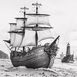 an old sailing ship with lots of masts and sails is anchored on a beach