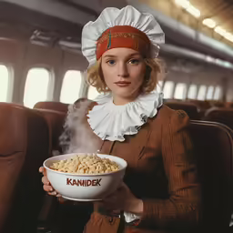 a woman in a white hat holding a bowl of food