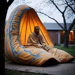 a man sitting in front of a tent