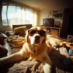 the dog has glasses laying on the blanket