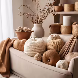 a couch with some pumpkins on it in front of a vase