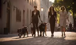 three woman with two dogs in a city street