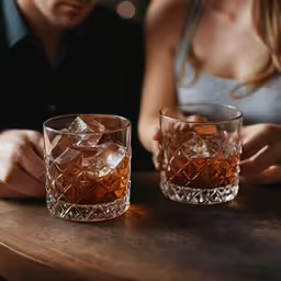 two glasses are set on a bar with ice and a man behind