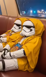 two star wars characters dressed in costumes on a couch