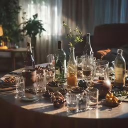 a table topped with assorted wine bottles and glasses