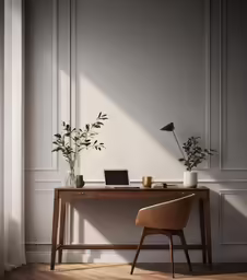 a chair and desk with a laptop