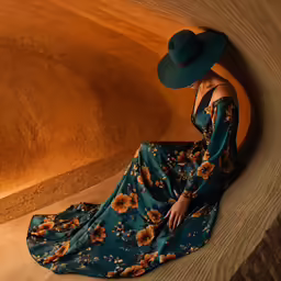 a woman in a green floral print dress and floppy hat