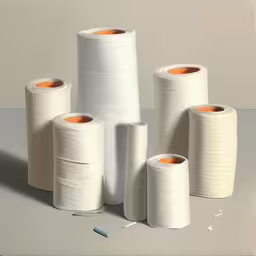 several rolls of toilet paper with orange tips,a group of white rolls of toilet paper with a gray and orange stripe
